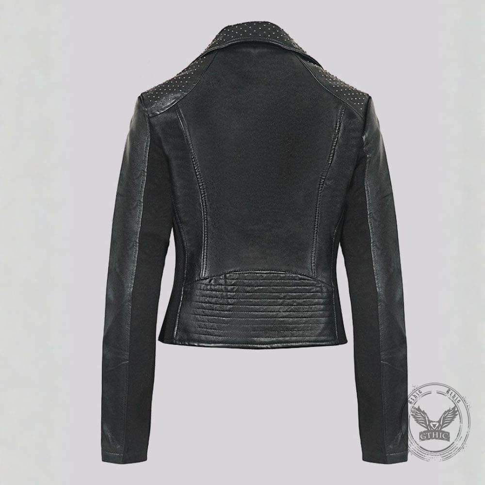 Punk Short Studded Slanted Zipper Slim Fit PU Leather Jacket