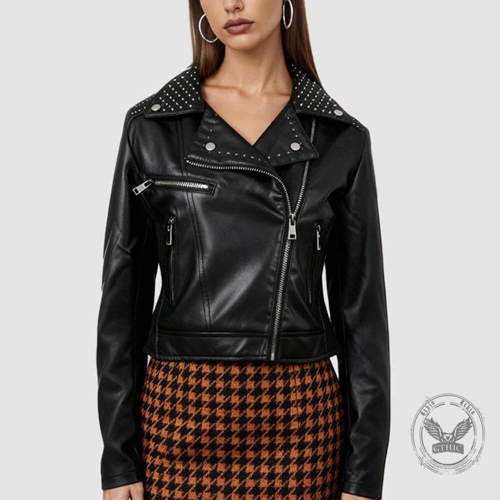 Punk Short Studded Slanted Zipper Slim Fit PU Leather Jacket | Gthic.com