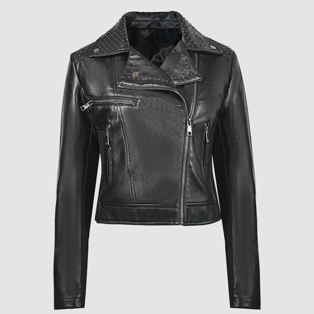 Punk Short Studded Slanted Zipper Slim Fit PU Leather Jacket