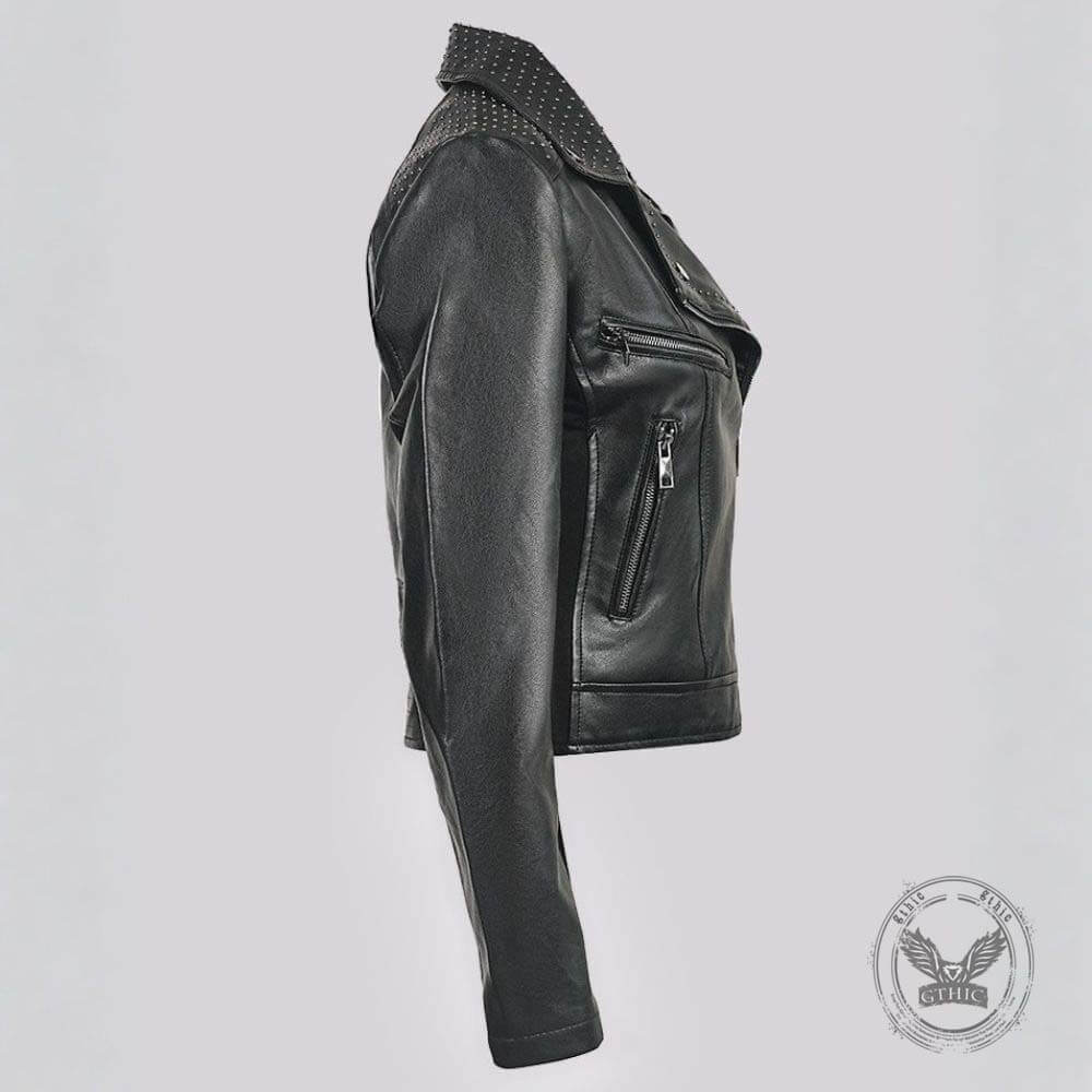 Punk Short Studded Slanted Zipper Slim Fit PU Leather Jacket