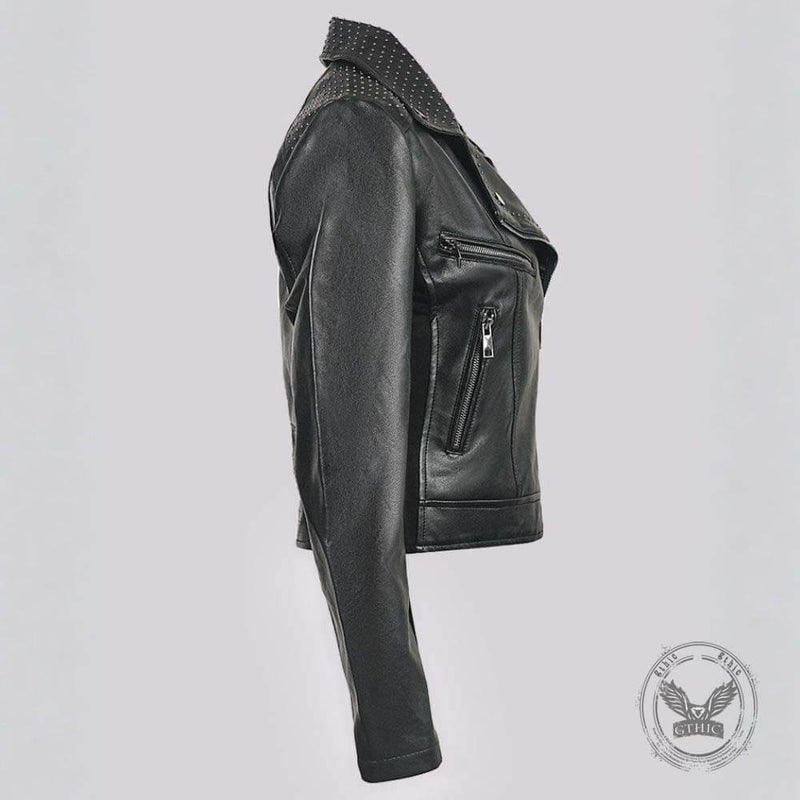 Punk Short Studded Slanted Zipper Slim Fit PU Leather Jacket