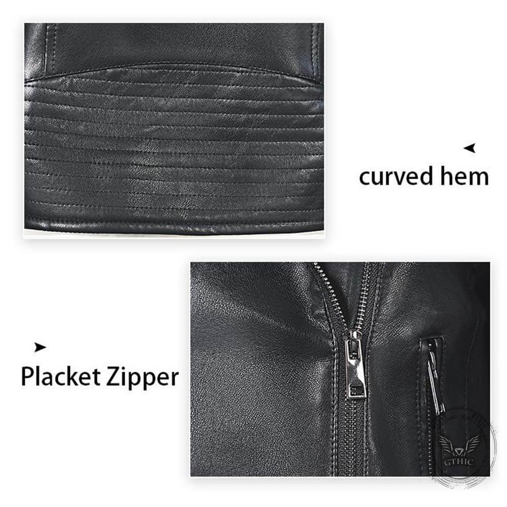 Punk Short Studded Slanted Zipper Slim Fit PU Leather Jacket