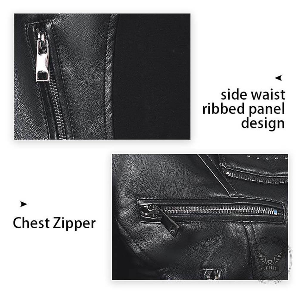 Punk Short Studded Slanted Zipper Slim Fit PU Leather Jacket