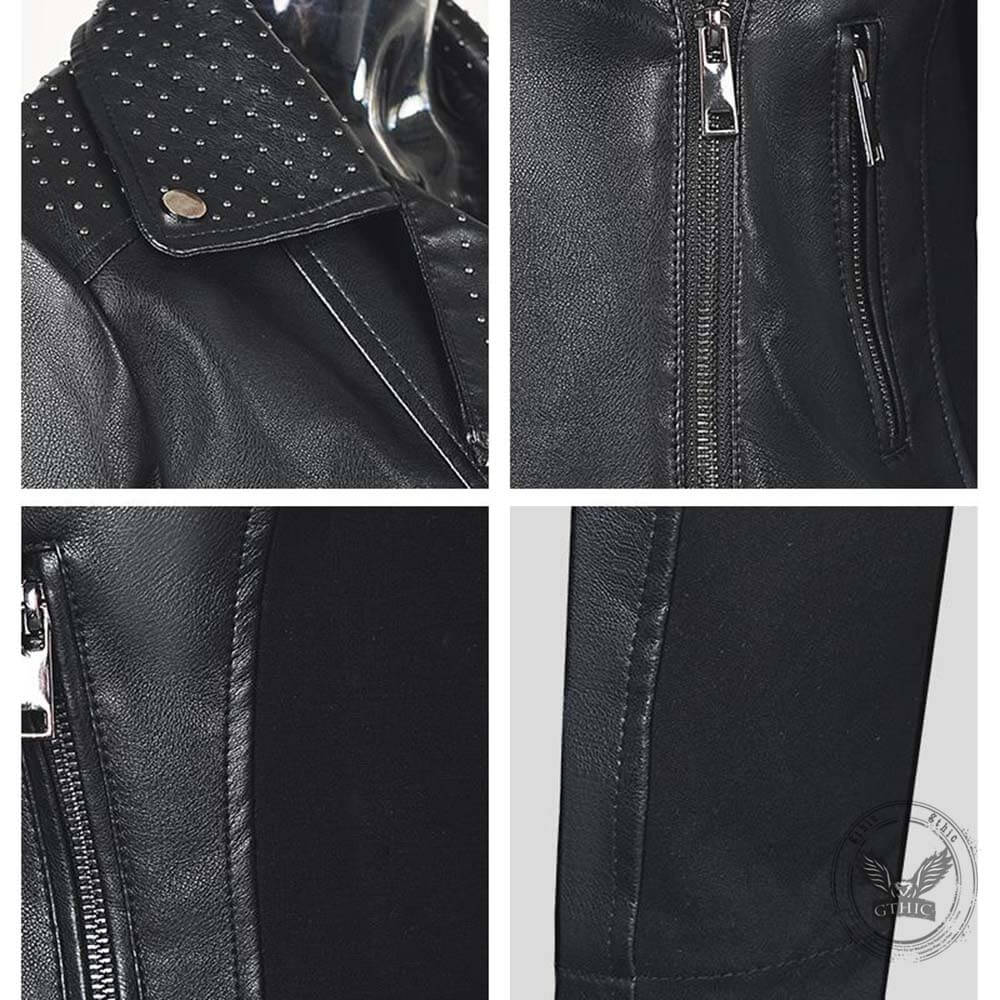 Punk Short Studded Slanted Zipper Slim Fit PU Leather Jacket