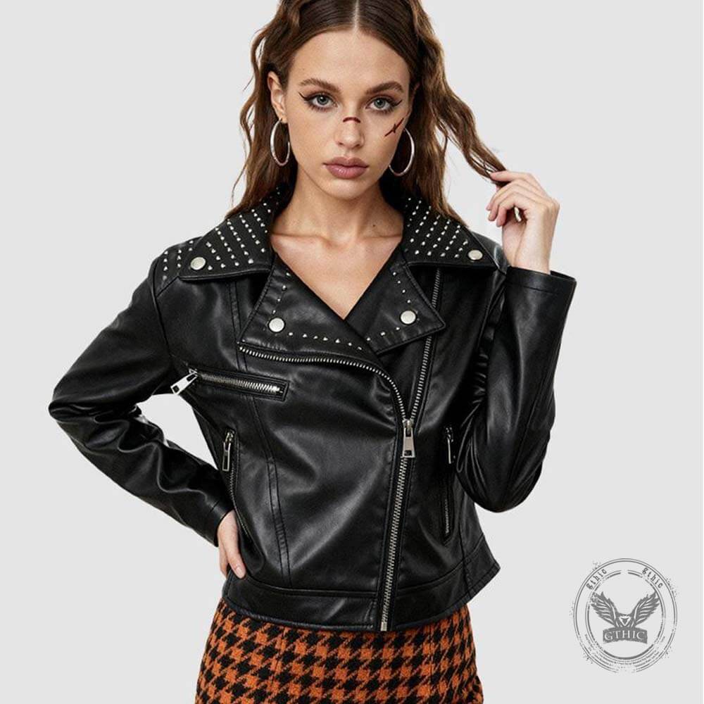 Punk Short Studded Slanted Zipper Slim Fit PU Leather Jacket | Gthic.com