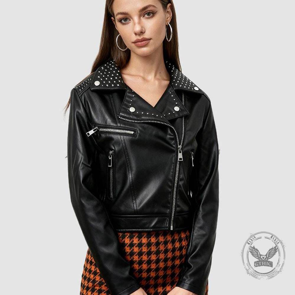 Punk Short Studded Slanted Zipper Slim Fit PU Leather Jacket | Gthic.com
