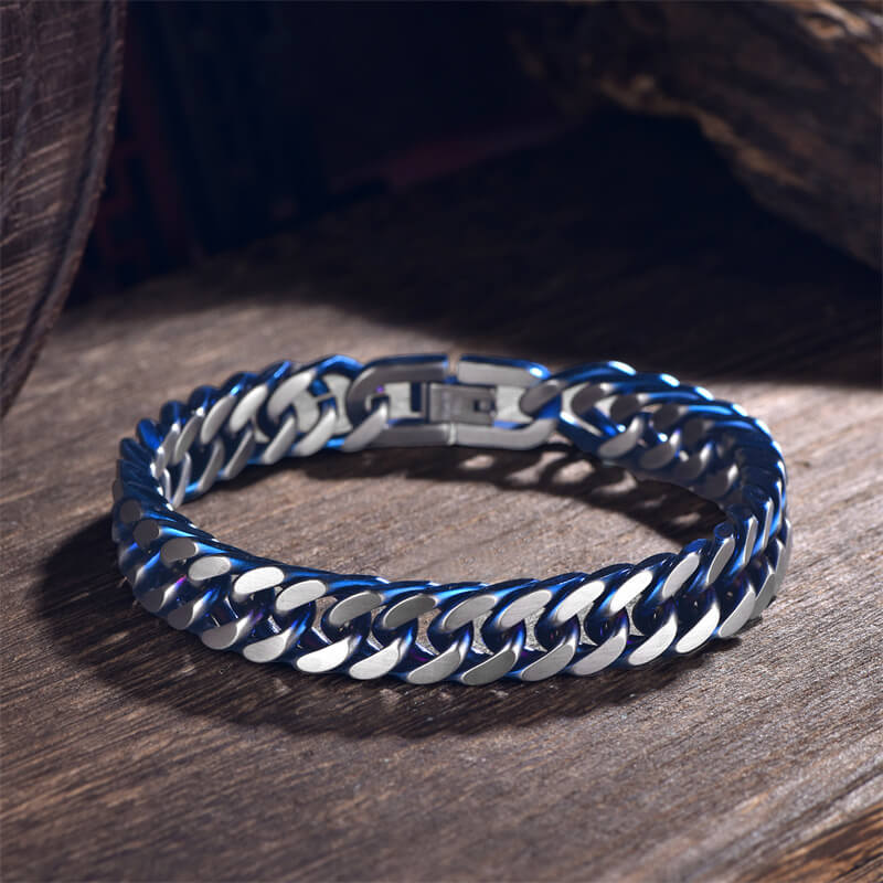 Punk Silver Blue Cuban Chain Stainless Steel Bracelet