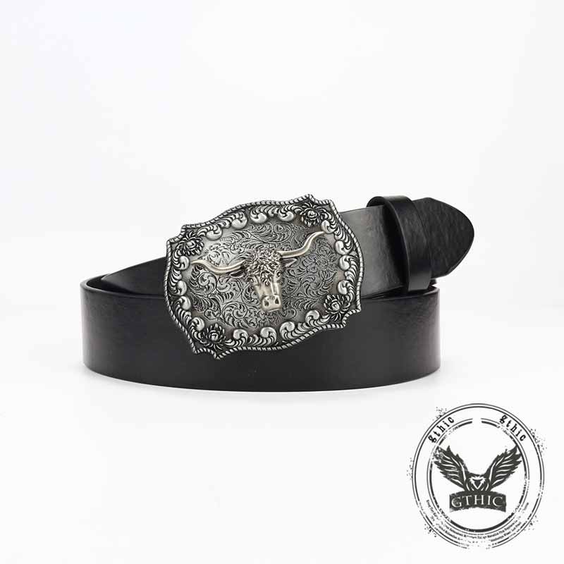 Punk Silver Bull Head Buckle Embossed PU Leather Belt 01 | Gthic.com