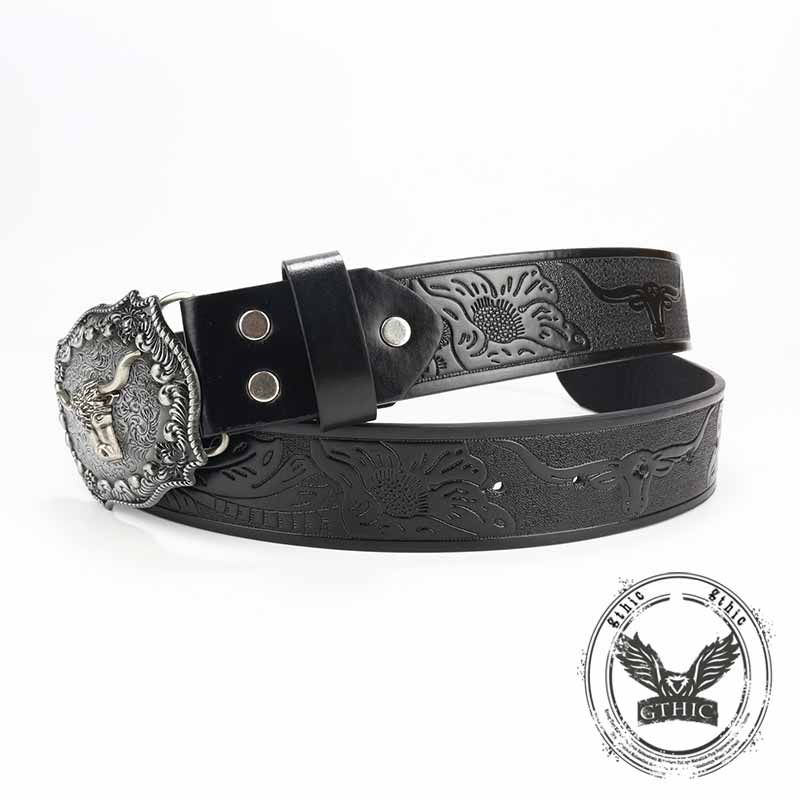 Punk Silver Bull Head Buckle Embossed PU Leather Belt 02 | Gthic.com