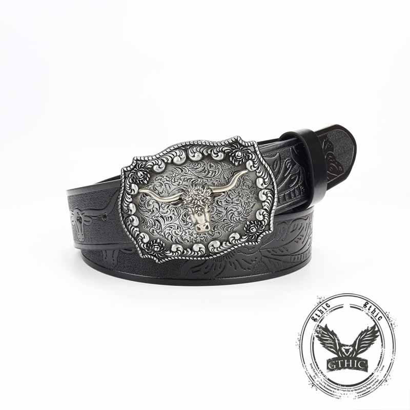 Punk Silver Bull Head Buckle Embossed PU Leather Belt 03 | Gthic.com