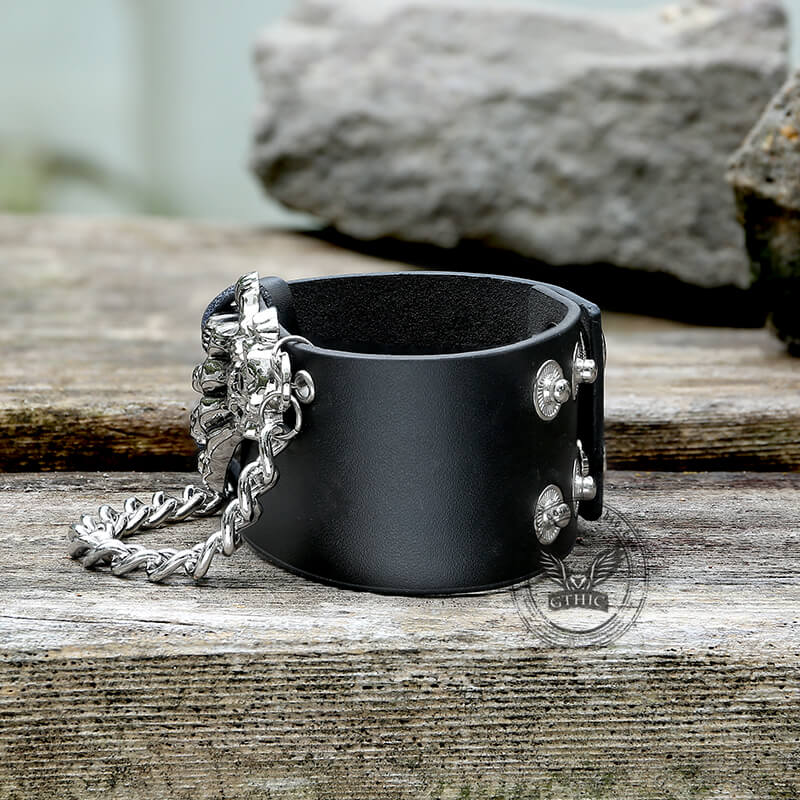 Bold Punk Style Alloy Decoration Design Wide Leather Bracelet - Yellow
