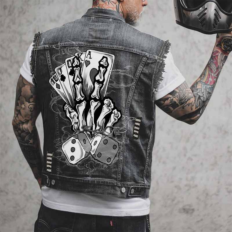 Punk Skeleton Hand Playing Cards Print Denim Vest 01 | Gthic.com