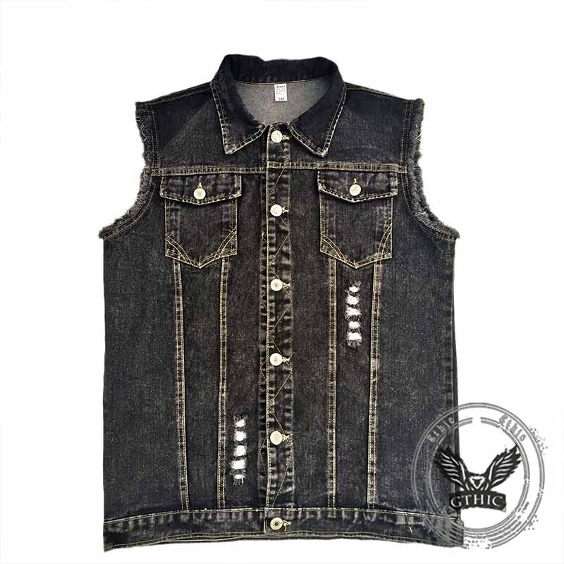 Punk Skeleton Hand Playing Cards Print Denim Vest 03 | Gthic.com