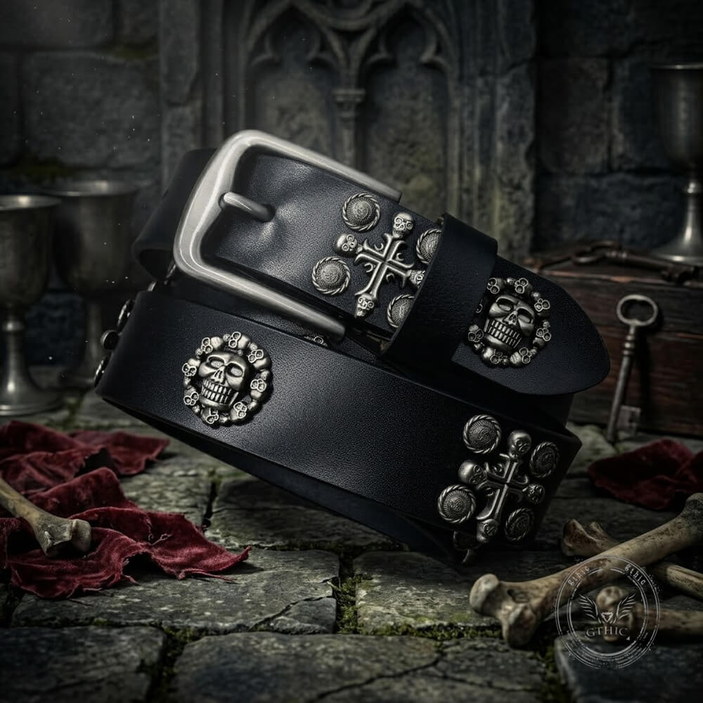 Punk Skull And Cross Genuine Leather Belt