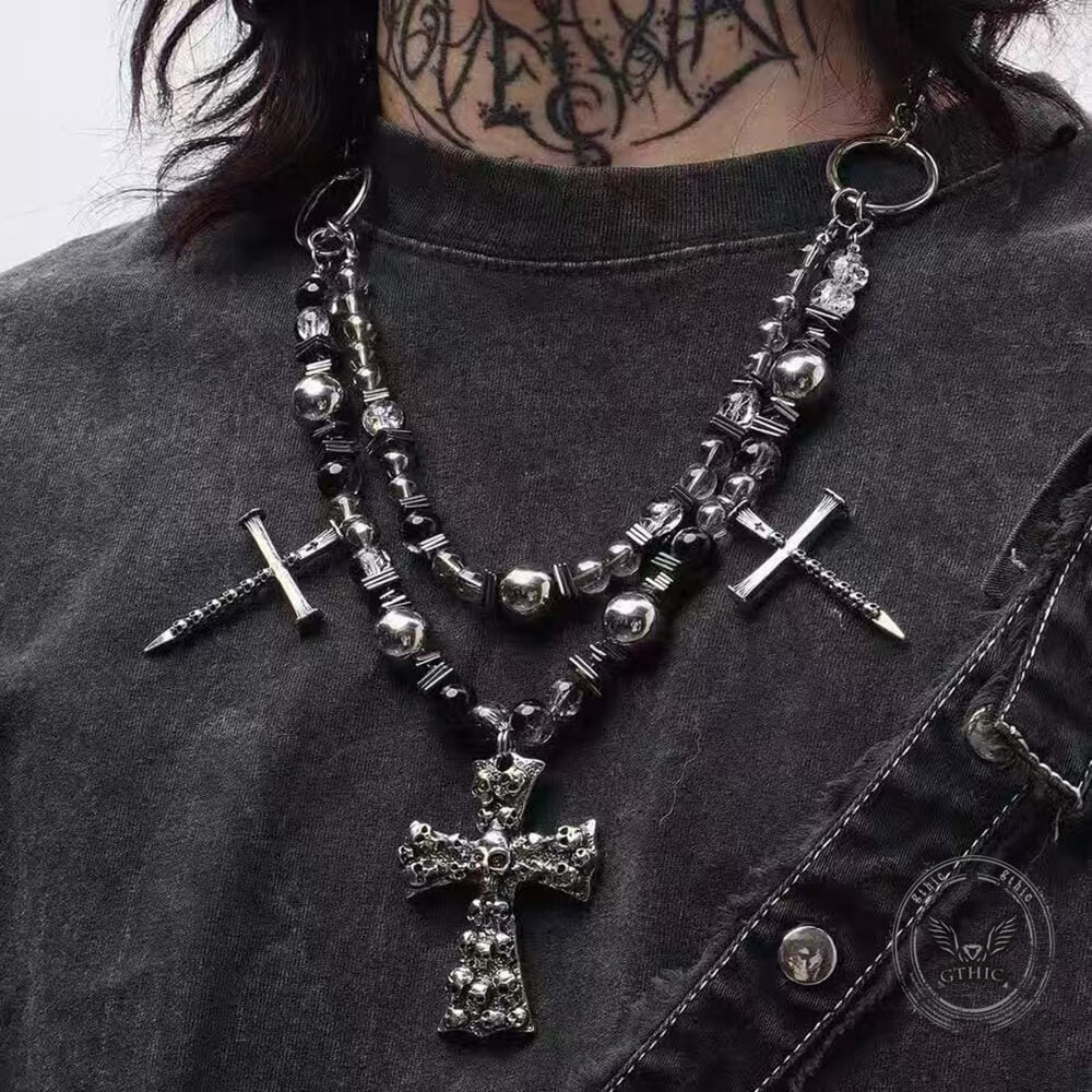 Punk Skull Cross Dark Gothic Studded Beaded Alloy Pendant | Gthic.com