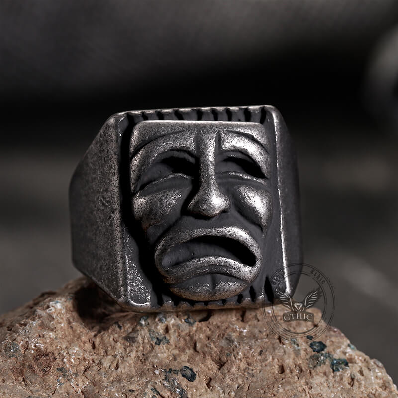 Punk Skull Face Expression Square Stainless Steel Ring | Gthic.com