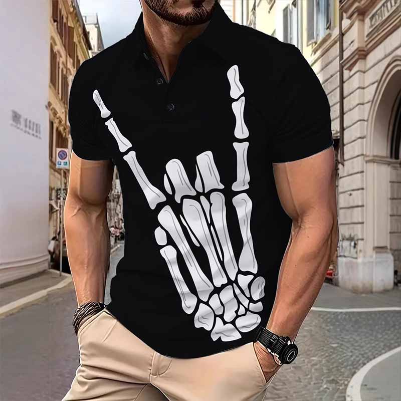 Punk Skull Gesture Print Short Sleeve Polo Shirt 01 | Gthic.com