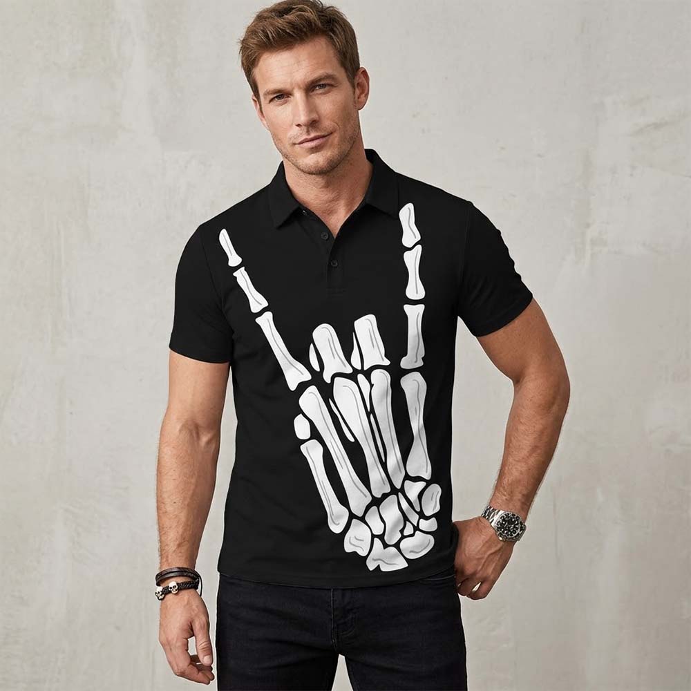 Punk Skull Gesture Print Short Sleeve Polo Shirt 01 | Gthic.com
