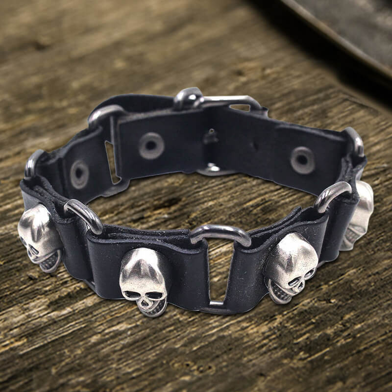 Punk Skull Head PU Leather Adjustable Bracelet | Gthic.com