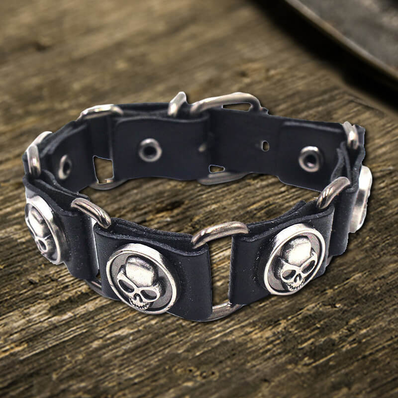 Punk Skull Head PU Leather Adjustable Bracelet | Gthic.com