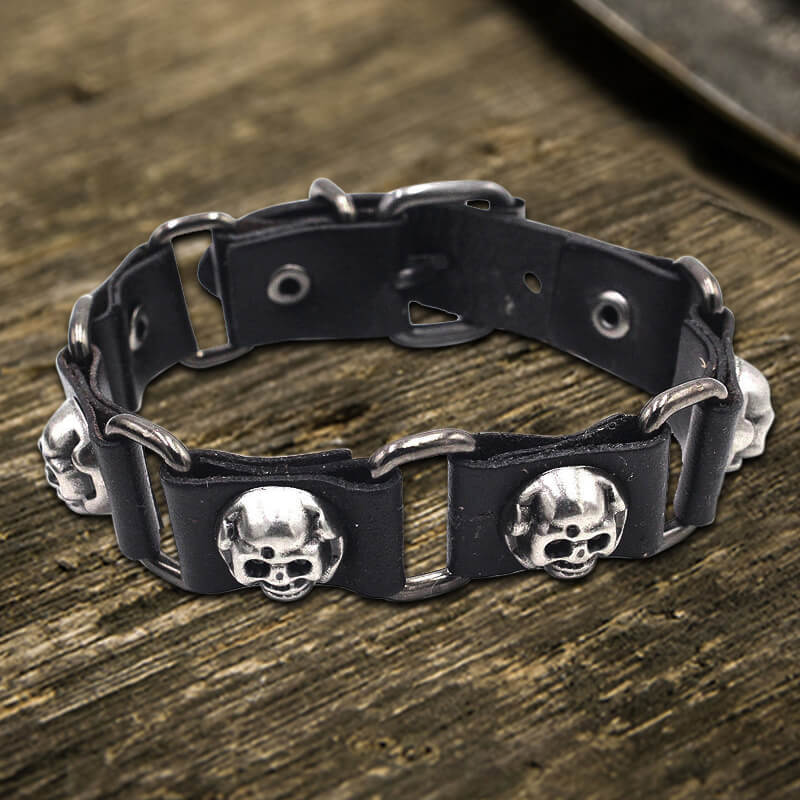 Punk Skull Head PU Leather Adjustable Bracelet | Gthic.com