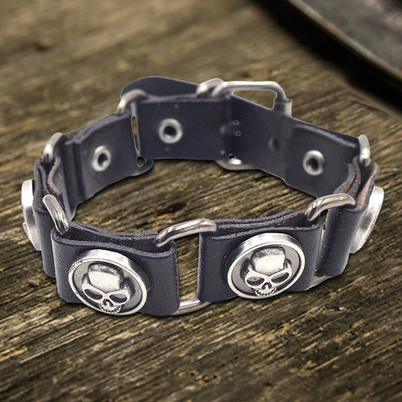 Punk Skull Head PU Leather Adjustable Bracelet | Gthic.com