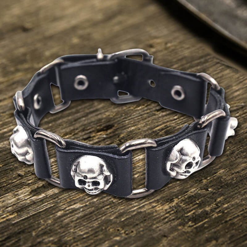 Punk Skull Head PU Leather Adjustable Bracelet | Gthic.com