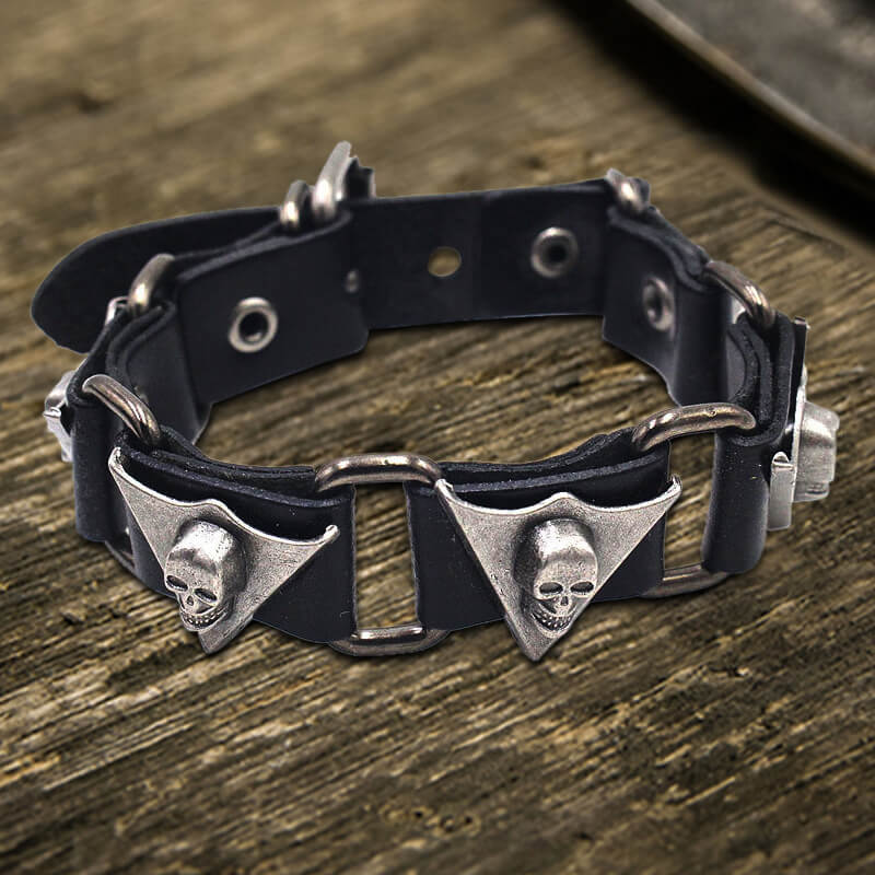 Punk Skull Head PU Leather Adjustable Bracelet | Gthic.com