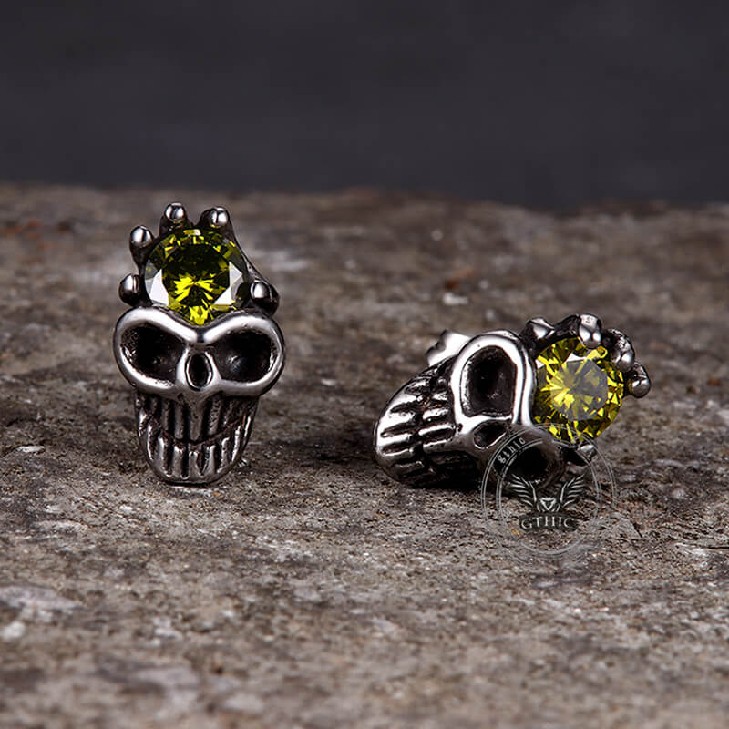 Punk Skull Head Stainless Steel Gemstone Earrings