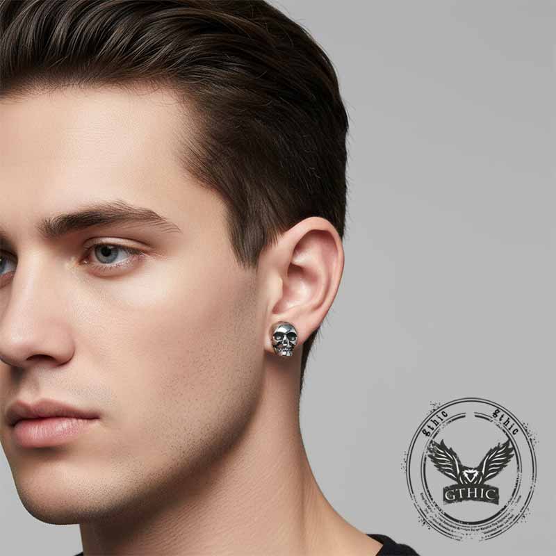 Punk Skull Head Stainless Steel Stud Earrings 02 | Gthic.com