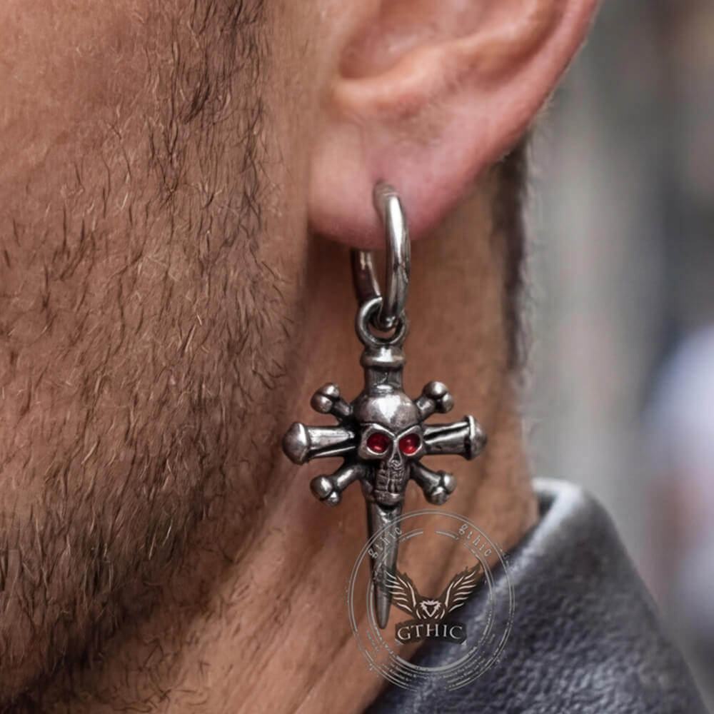Punk Skull Nail Cross Stainless Steel Gem Earrings
