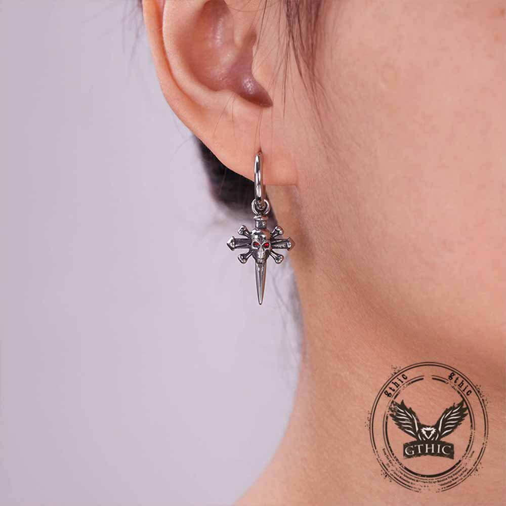 Punk Skull Nail Cross Stainless Steel Gem Earrings | Gthic.com