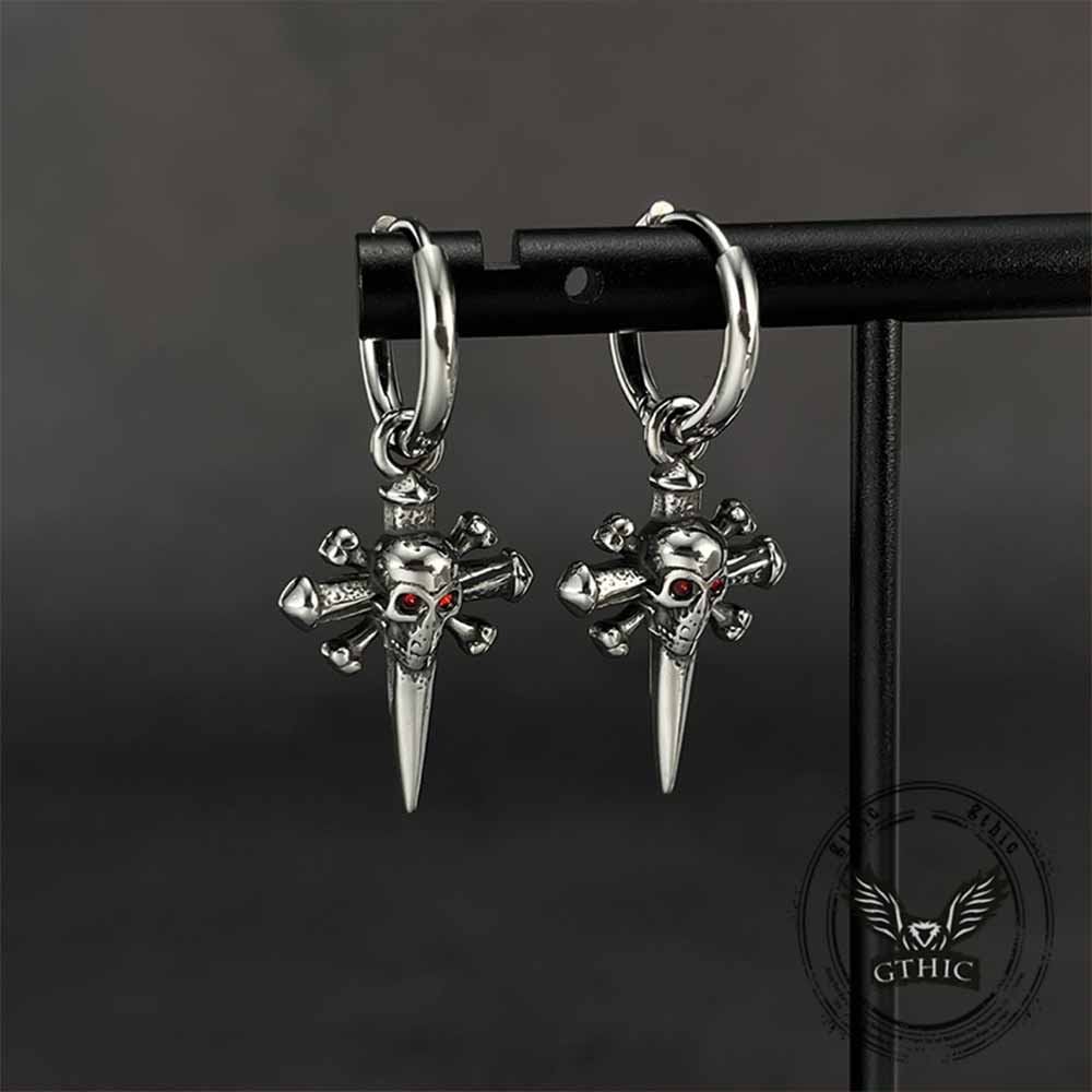Punk Skull Nail Cross Stainless Steel Gem Earrings | Gthic.com
