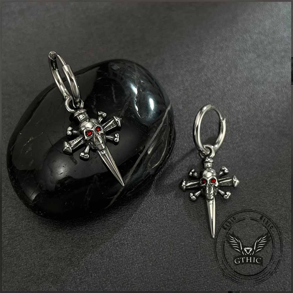 Punk Skull Nail Cross Stainless Steel Gem Earrings