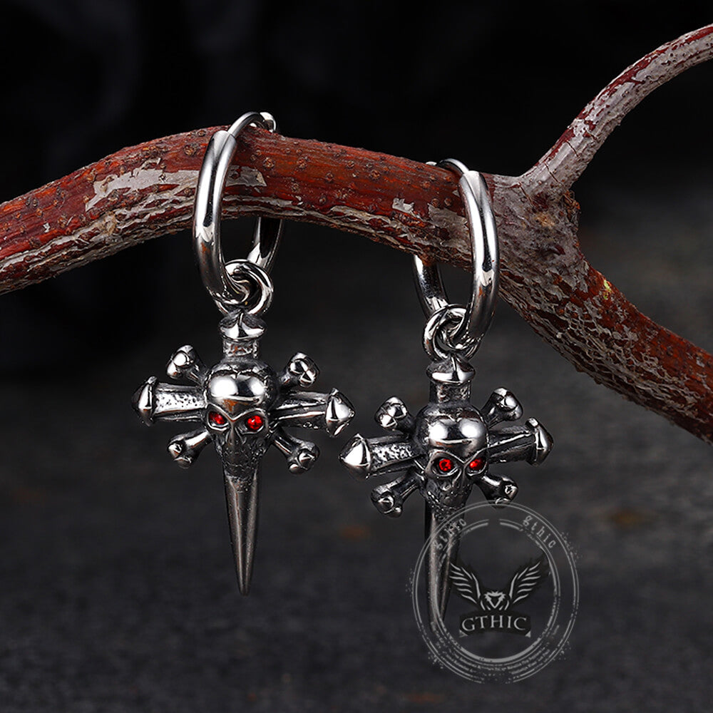Punk Skull Nail Cross Stainless Steel Gem Earrings