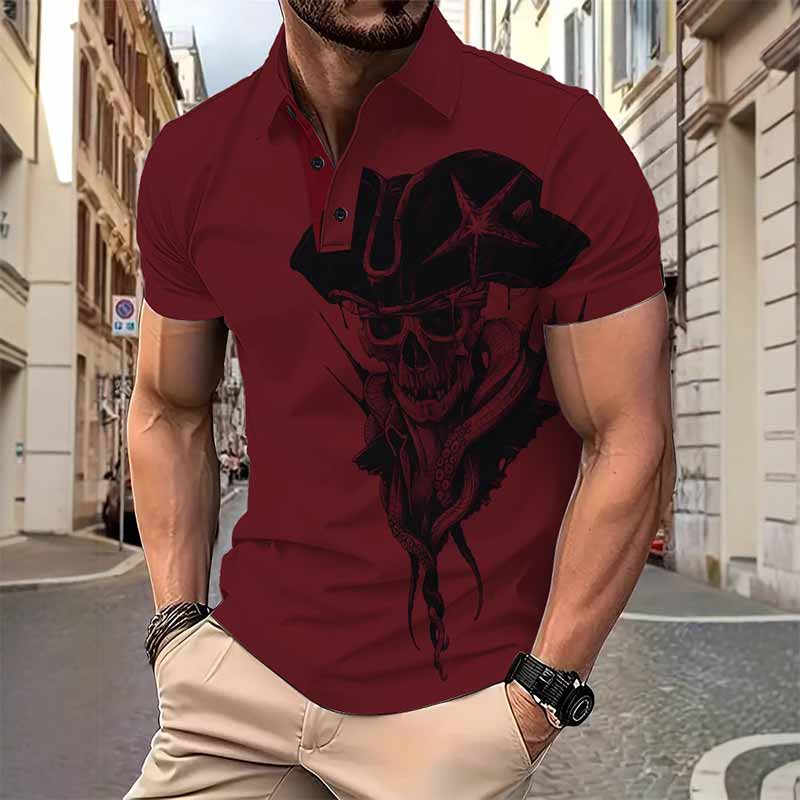 Punk Skull Pirate Print Short Sleeve Polo Shirt 01 | Gthic.com