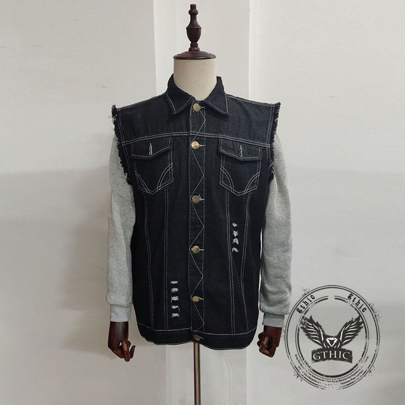 Punk Skull Soldier Print Lapel Denim Vest | Gthic.com