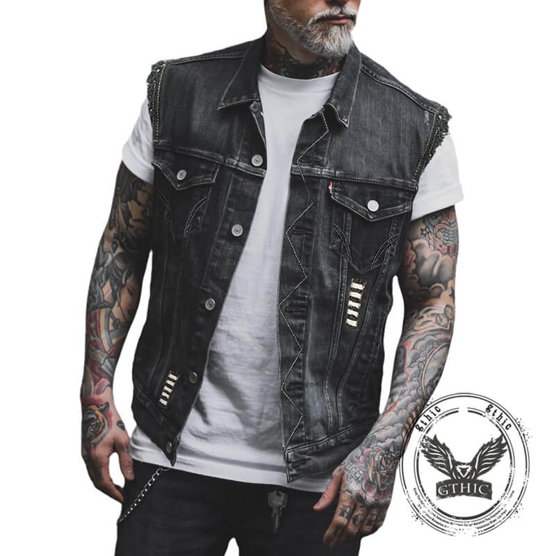 Punk Skull Soldier Print Lapel Denim Vest | Gthic.com