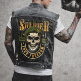 Punk Skull Soldier Print Lapel Denim Vest | Gthic.com