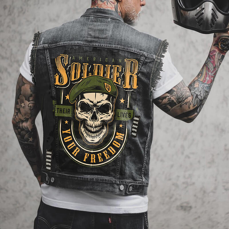 Punk Skull Soldier Print Lapel Denim Vest | Gthic.com