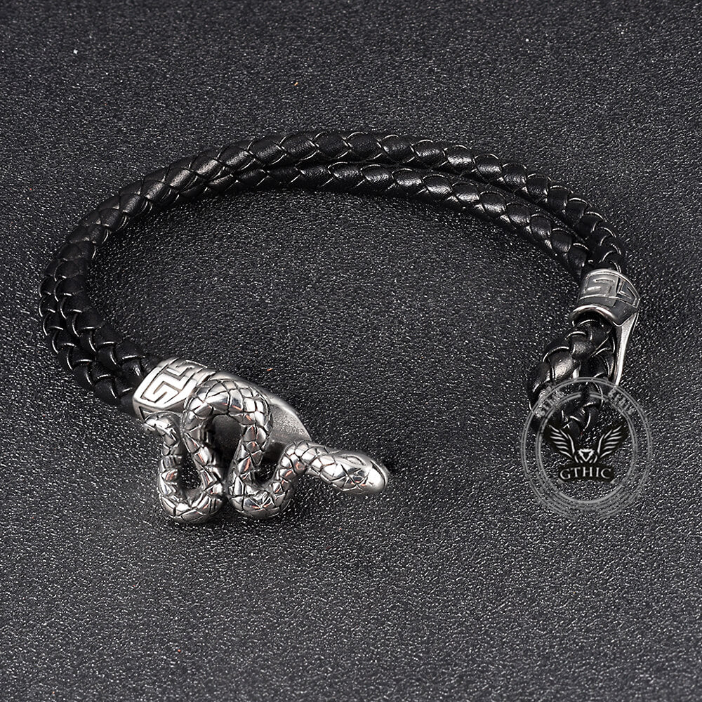 Punk Snake-Shaped Double-Layered Woven Leather Bracelet