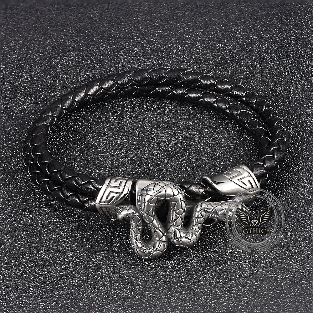 Punk Snake-Shaped Double-Layered Woven Leather Bracelet
