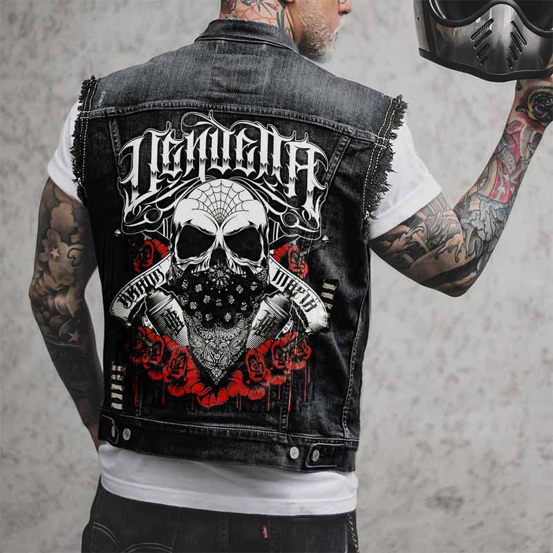 Punk Spider Web Rose Skull Lettering Print Denim Vest 01 | Gthic.com