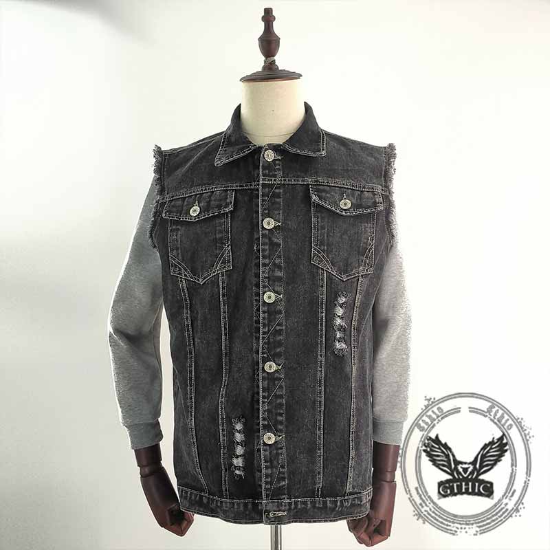 Punk Spider Web Rose Skull Lettering Print Denim Vest 03 | Gthic.com