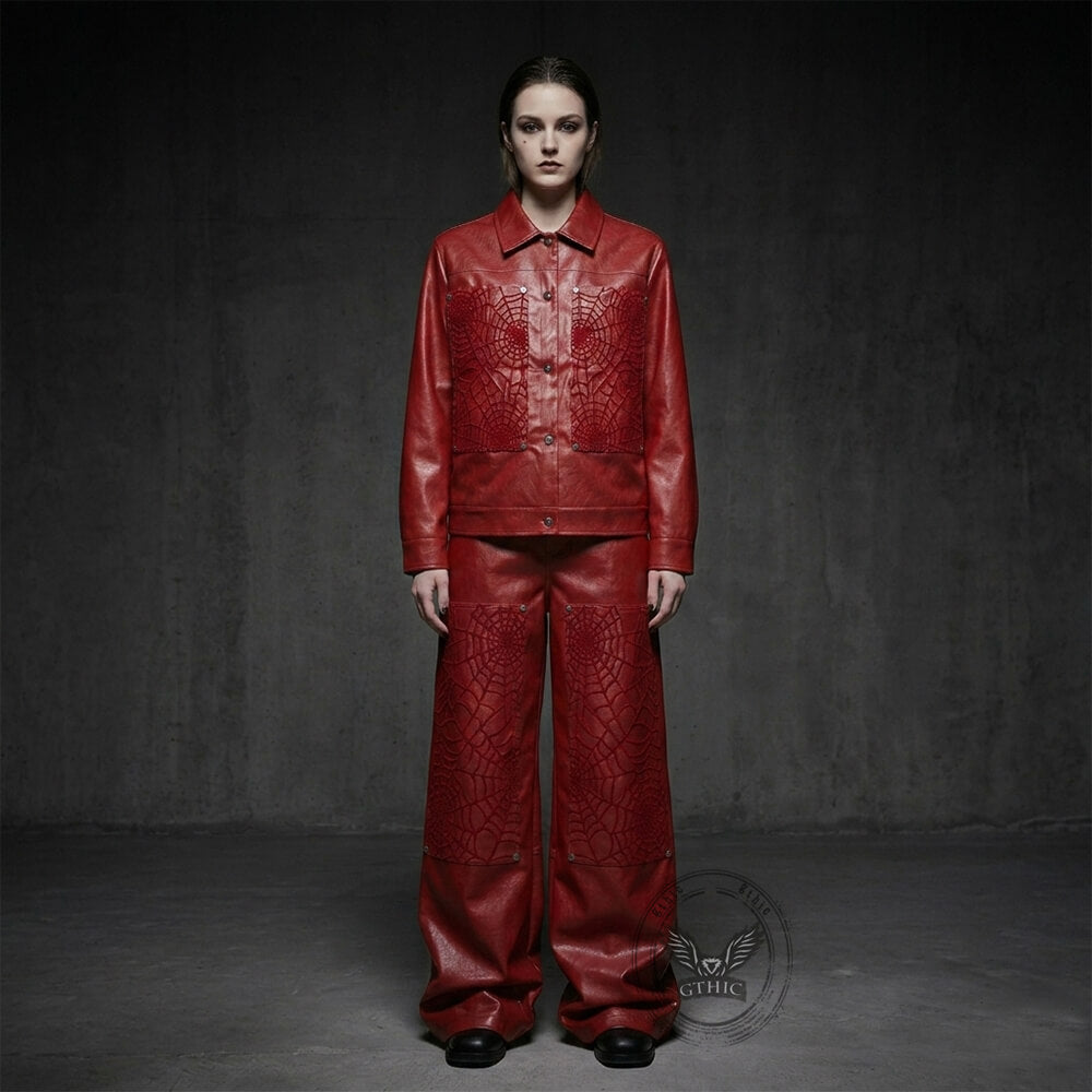 ジャケット・アウター leather jacket buggy parachute pants y2k Punk Spider Web Textured PU Leather Jacket Pants – GTHIC