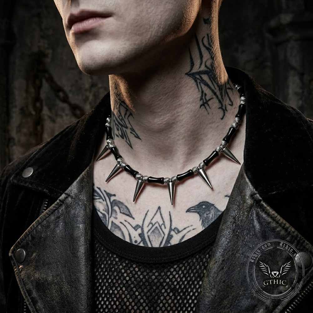 Punk Spike Bamboo Stainless Steel Clavicle Necklace | Gthic.com