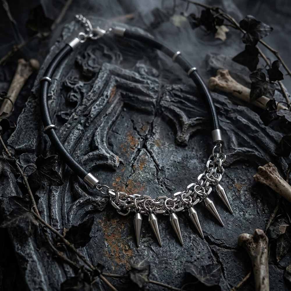 Punk Spike Leather Stainless Steel Clavicle Necklace | Gthic.com
