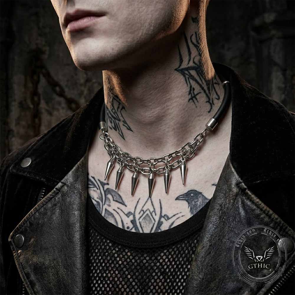 Punk Spike Leather Stainless Steel Clavicle Necklace | Gthic.com