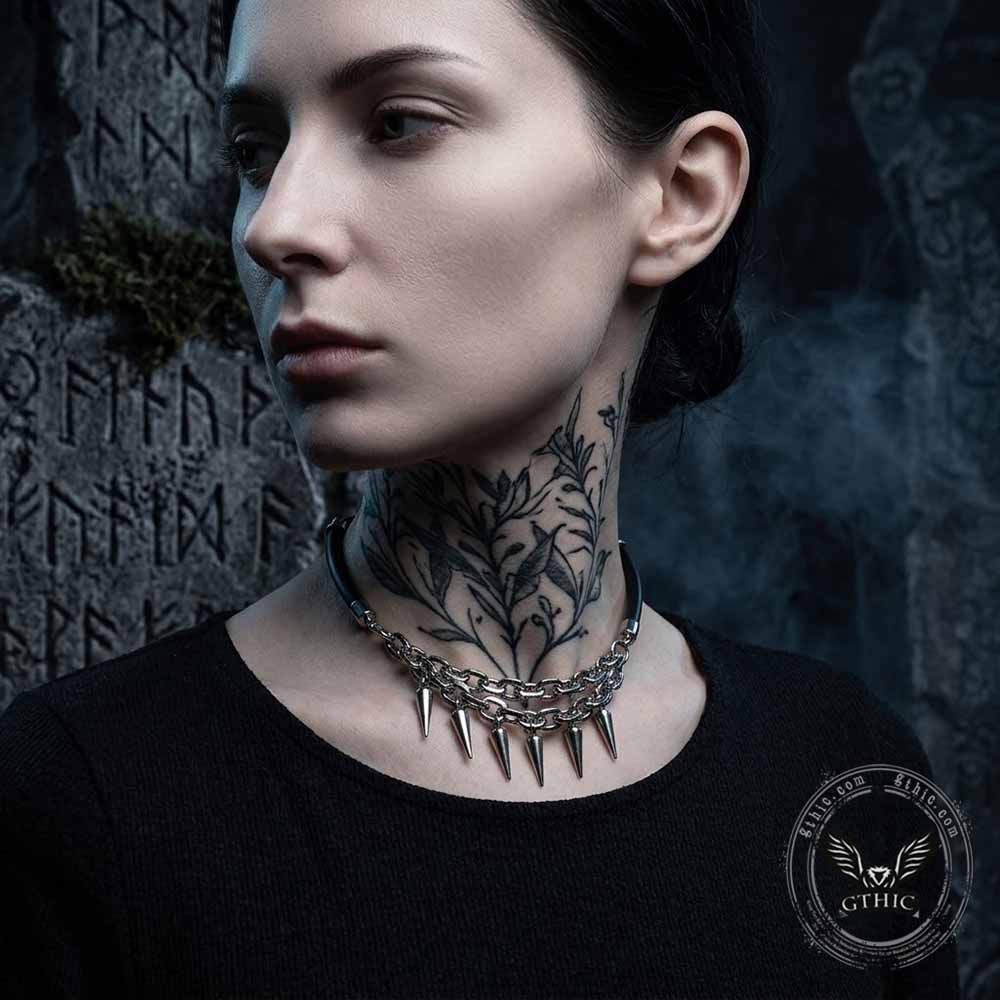 Punk Spike Leather Stainless Steel Clavicle Necklace | Gthic.com