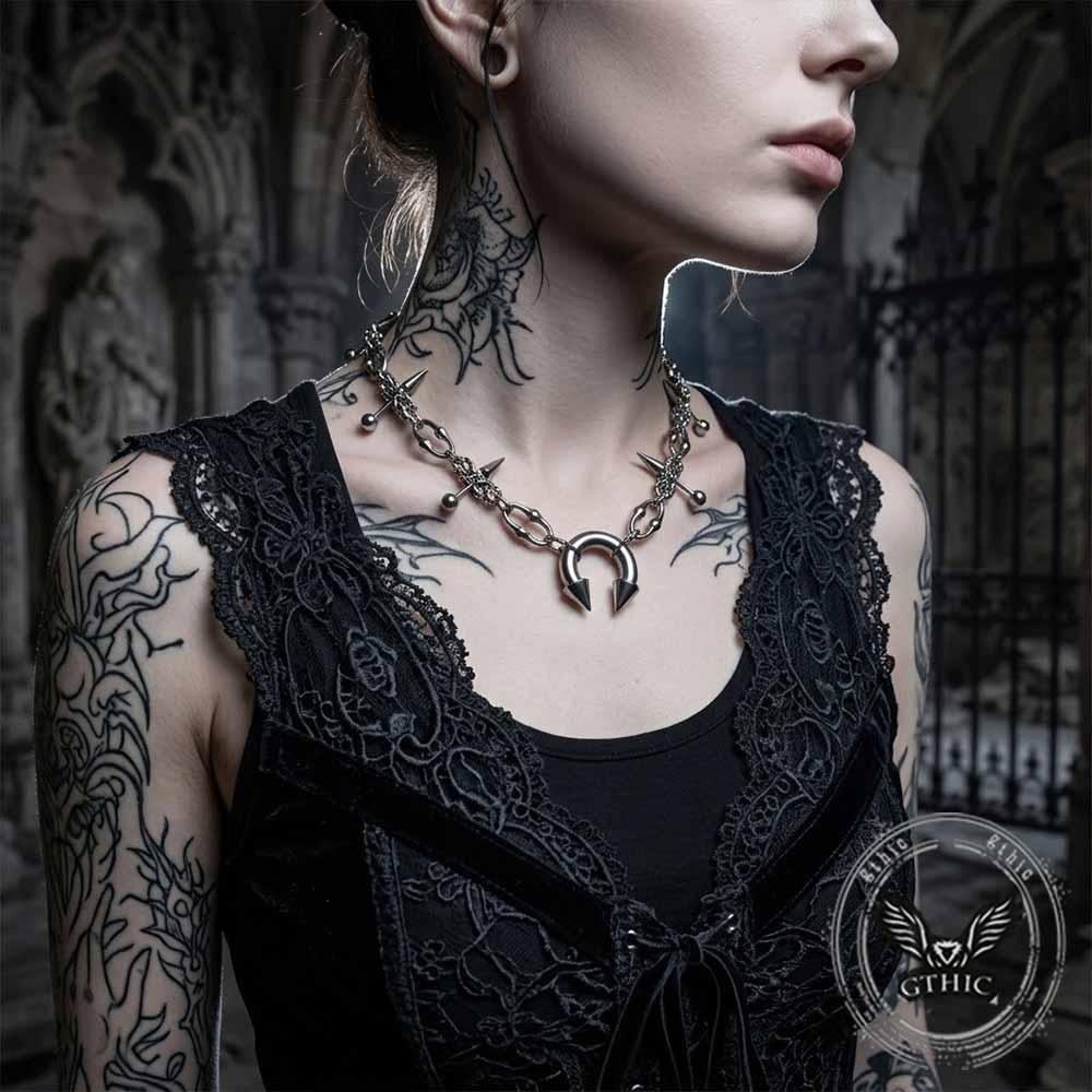 Punk Spike Piercing Stainless Steel Clavicle Necklace | Gthic.com